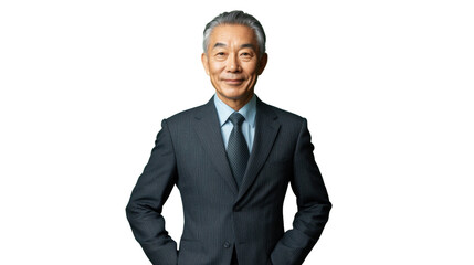 Smiling senior businessman with hands on hips on transparent background