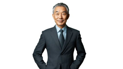Smiling senior businessman with hands on hips on transparent background