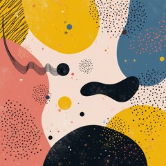 Memphis style background with bright contrasting colors (yellow, pink, blue, black), abstract geometric shapes, dots, lines and waves. 