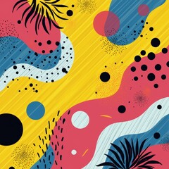 Memphis style background with bright contrasting colors (yellow, pink, blue, black), abstract geometric shapes, dots, lines and waves. 