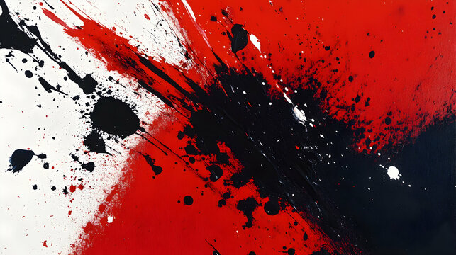 Abstract splatters in cadmium red and graphite, bold and messy