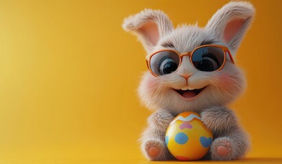 Naklejka premium Cute cartoon bunny rabbit wearing sunglasses holds a decorated Easter egg against a vibrant yellow background. The bunny is fluffy, with large, expressive eyes, and a cheerful expression. The image