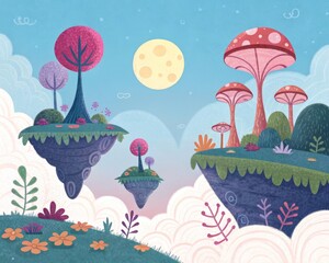 a surreal background with whimsical landscapes: floating islands in the sky, huge abstract sculptures, a bright fairy-tale sky with two suns and unknown plants.