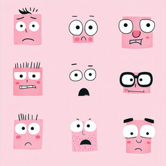 Grid of pink cartoon faces displaying diverse emotional expressions
