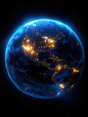Obraz premium Earth view from space at night showing city lights and a blue atmospheric glow