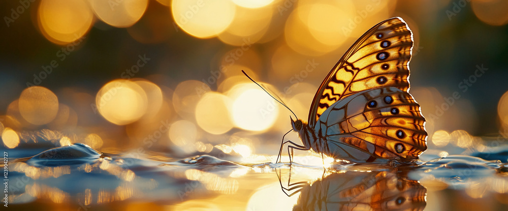Poster a butterfly perched on water with golden sunlight and bokeh effects in the background, symbolizing f