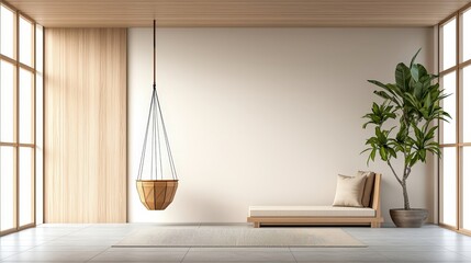 Modern minimalist interior with wooden accents and indoor plant in bright spacious room