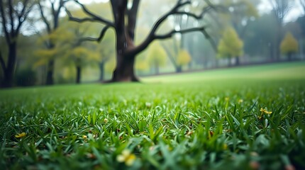 Fototapeta premium Beautiful landscape in park with tree and green grass field at morning
