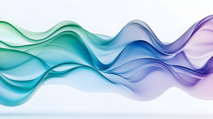Fototapeta premium Bold, sweeping 3D lines in shades of blue, green, and purple form a cool, wavy pattern against a crisp white background