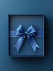 Elegant blue gift box with satin ribbon bow on matching background minimal and modern style