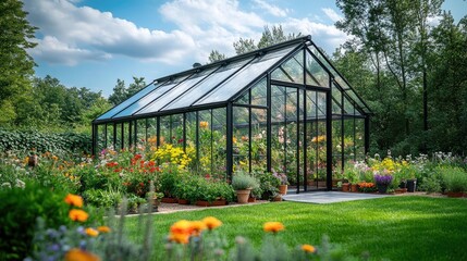 Obraz premium A modern glass greenhouse stands amidst lush green grass and tall ornamental plants under a vibrant blue sky,