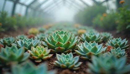 Obraz premium Succulent Plants in Misty Greenhouse, Tranquil Nature, Perfect for Garden Blogs