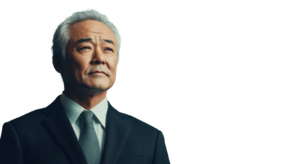 Senior businessman looking up with transparent background