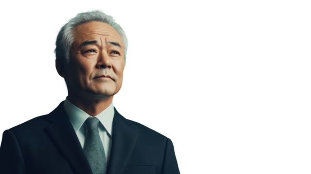 Senior businessman looking up with transparent background