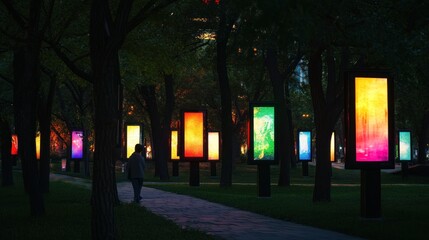 Illuminated Artwork Displays In A Nighttime Park Setting