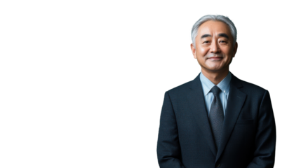Smiling senior asian businessman on transparent background