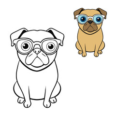 A zentangle-style pug dog wearing glasses, filled with intricate patterns and detailed designs, perfect for a fun and relaxing coloring page experience.