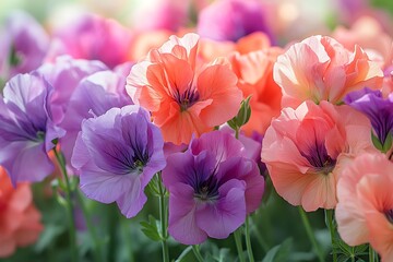 Delicate pastel flowers bloom brightly in the garden