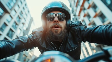 A captivating image of a bearded man cruising on his motorcycle through a cityscape, symbolizing freedom, adventure, and the joy of exploration.