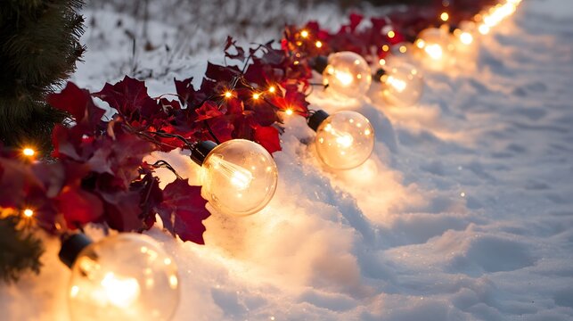 Dazzling light bulbs on snow were adorned with a red grapevine garland