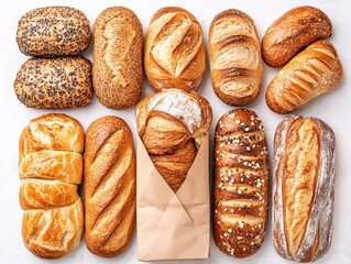 Assorted fresh breads on white background with paper bag filled with pastries flat lay