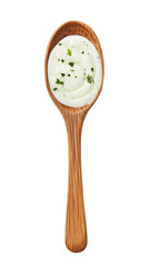 Wooden spoon holding ranch dressing with herb garnish on transparent background, ideal for dip promotions, salad ads, or sauce marketing