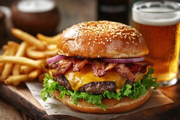Delicious burger with bacon and cheese next to glass of beer and fries on wooden board