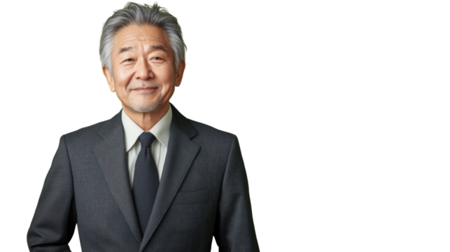 Smiling senior businessman standing on transparent background