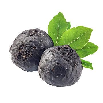 Raw black maca root with fresh green leaves on black background, perfect for superfood, health supplement, or organic product ads