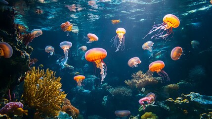 Colorful jellyfish swimming gracefully, glowing underwater lights, serene marine environment, perfect for ocean-themed projects.