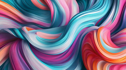 Swirling, multicolored 3D lines in turquoise, coral, and violet dance playfully, forming a fluid and lively pattern