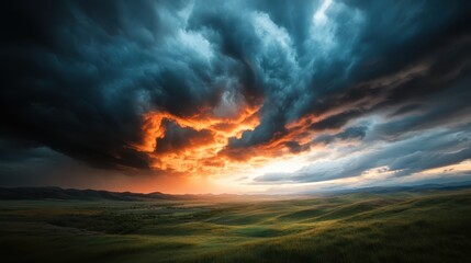 A captivating landscape showcases a dramatic sunset illuminating stormy clouds, reflecting the beauty and unpredictability of nature in a breathtaking view.