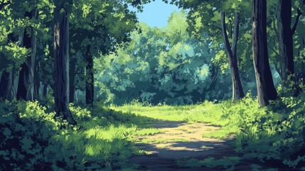 Obraz premium Sunlit Path Through Lush Green Summer Forest