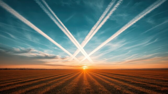 Contrails intersect dramatically in the sky as the sun begins to set, highlighting the interaction of human presence and natural beauty in a striking visual display.