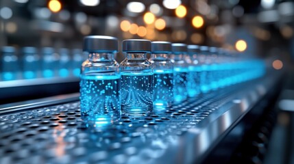 Photorealistic Scene of Glass Vials on Conveyor Belt in Pharmaceutical Industry Vaccine Production