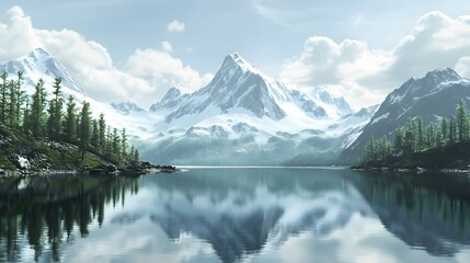 Fototapeta premium Serene mountain landscape, tranquil lake reflecting peaks and clouds, surrounded by lush trees, ideal for nature-themed projects.