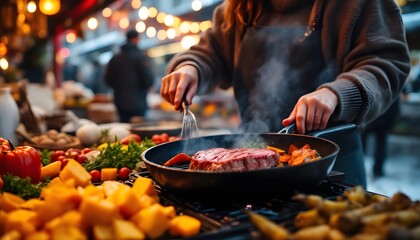 Cooking Steak and Vegetables at a Festive Market