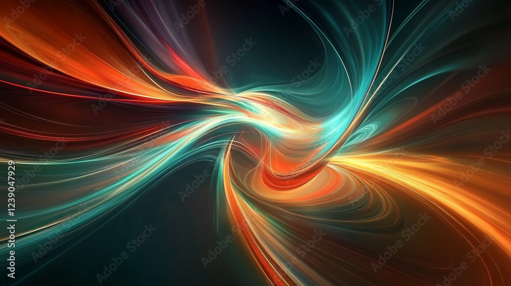 Poster abstract flowing colors of red, orange, and teal with smooth lines on a dark background, representin