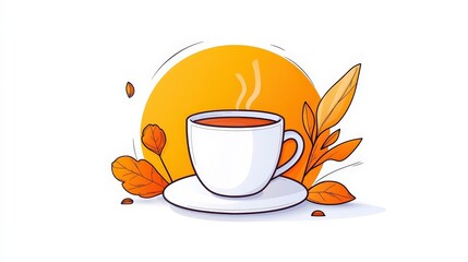 Cozy Cup of Tea Illustrating Autumn Vibes with Leaves and Sun in Warm Color Palette