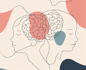 Abstract illustration showing two faces connected by a brain motif, representing shared thoughts and emotions in a creative style