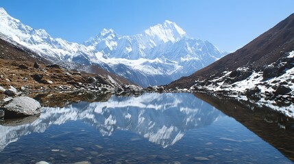 Serene mountain landscape reflecting on tranquil lake, clear sky with fluffy clouds, ideal for relaxation or nature themes.