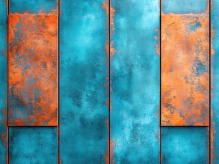 Textured metal panels in vibrant blue and orange with a rustic and industrial feel
