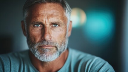 A serious expression of a thoughtful man with striking blue eyes and a beard, capturing a moment of reflection and depth against a softly blurred background.