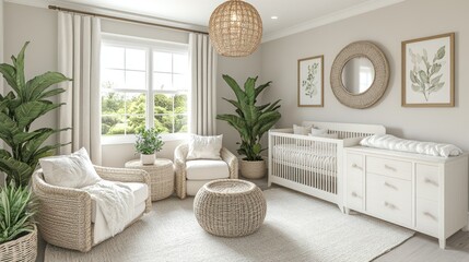 Modern nursery room design, coastal style, sunlight, plants