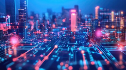 Abstract data overlays on a sleek cityscape, with neon lights and glowing buildings, representing technological innovation.