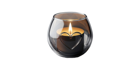 Glass candle holder with heart design and lit candle isolated on transparent background