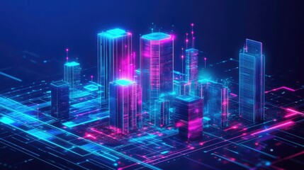 Abstract data overlays on a sleek cityscape, with neon lights and glowing buildings, representing technological innovation.