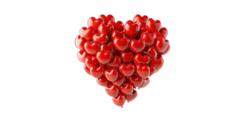 Red heart-shaped balloon cluster isolated on transparent background