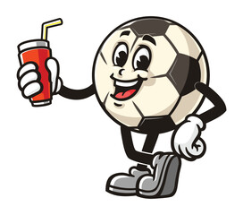Cartoon mascot character of Football or Soccer ball holding soft drink