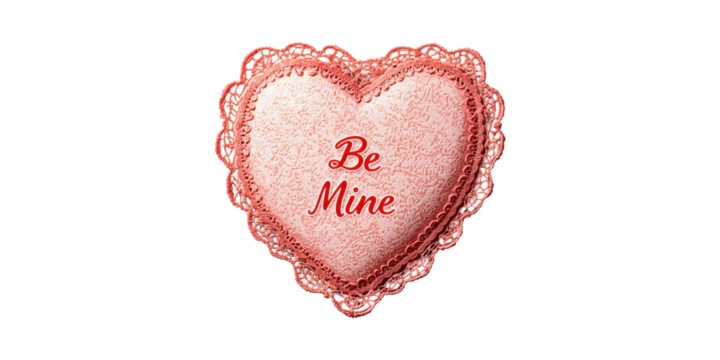 Heart-shaped lace pillow with be mine text isolated on transparent background